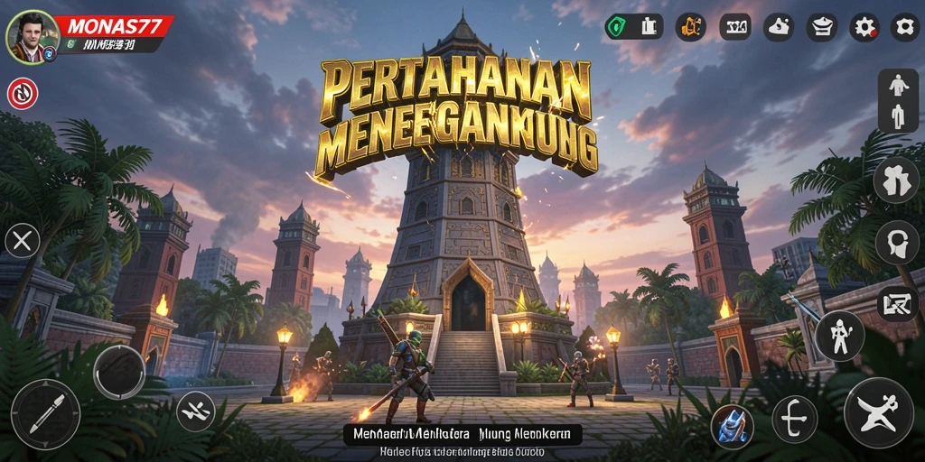 Tampilan gameplay <strong>MONAS77</strong> dengan karakter menara yang beragam.
